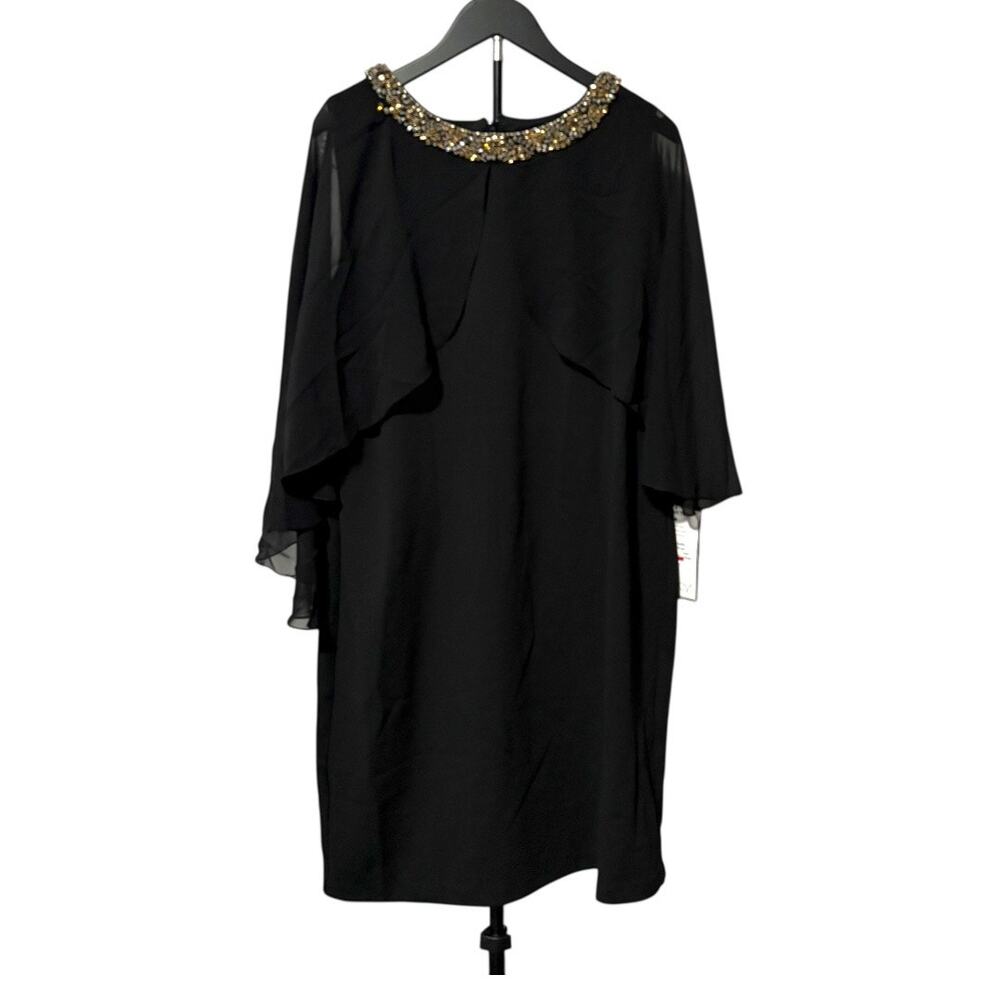 NWT XSCAPE Black Party Dress 14W 3/4 Sleeve Sheer Overlay Studded Knee-Length